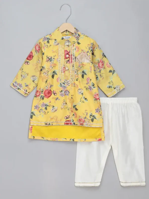 Yellow Printed Kurta Set with Pyjama for Kids