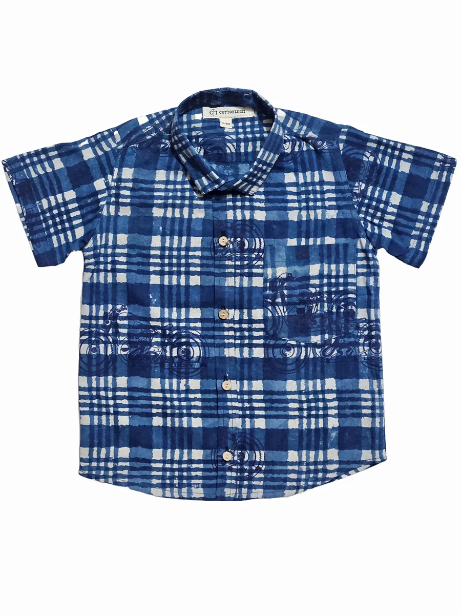 Indigo Block Printed Checks Shirt for Kids